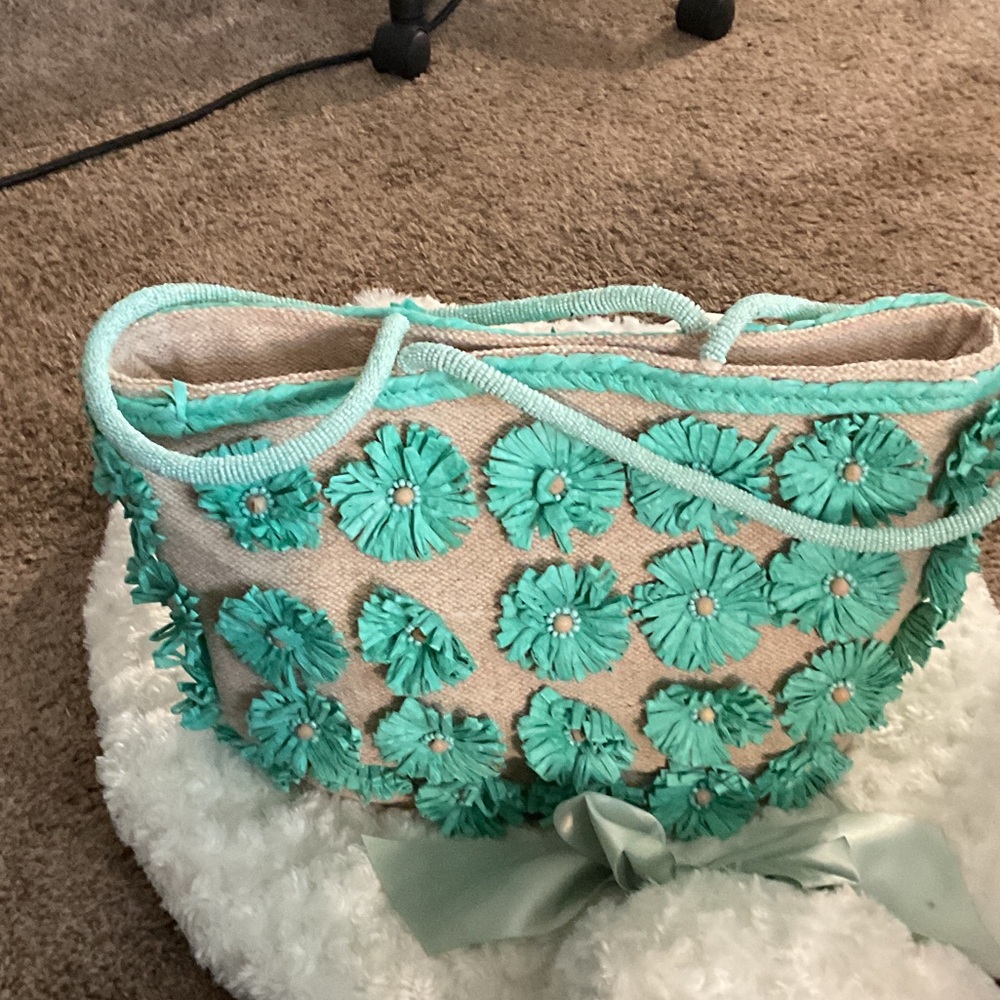 Floral Embellished Tote Bag - Turquoise and Tan